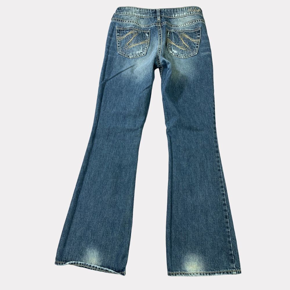 Silver Jeans Womens  28x32 Blue Aiko Flare Distressed‎ Whiskered Stretch Denim - Picture 15 of 16